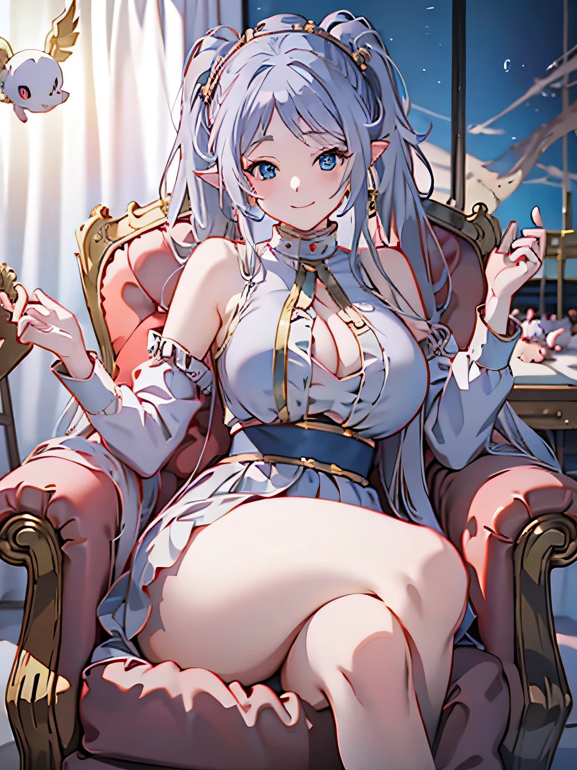 Anime illustration、highest quality、cyber punk、Cyberspace Hideout、The voluptuous princess、Perfect proportions、Pigtails、Aquarium、Dragon Palace、Luxury、Gaming Chair、smile、Big Breasts、Thick thighs、Cowboy Shot、Leg spread