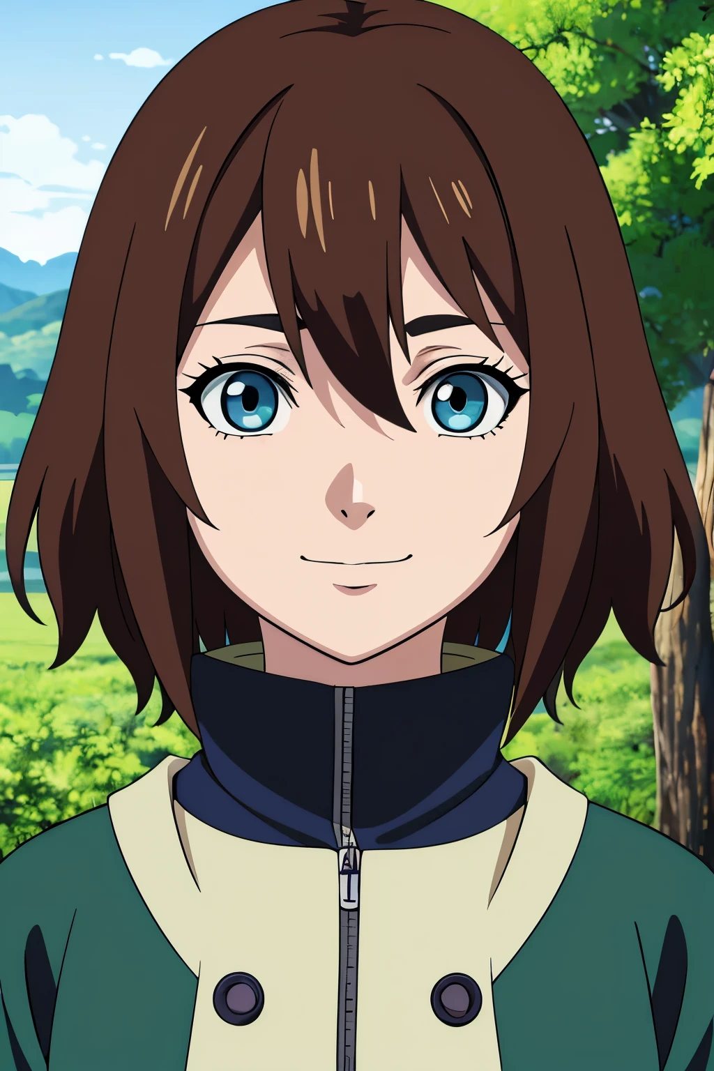 (high-quality, breathtaking),(expressive eyes, perfect face) 1girl, female, solo, portrait, teenager, Symmetrical Eyes, brown hair color, short hair length, wavy curly hair, upper body, green and blue eyes, Heterochromia eyes, positive expression, cute smile, detailed eyes, blue jacket, black shirt, Naruto Art style, Masashi Kishimoto Art Style, Shinobi of the Hidden Leaf, hair between eyes, gloves, open field, trees
