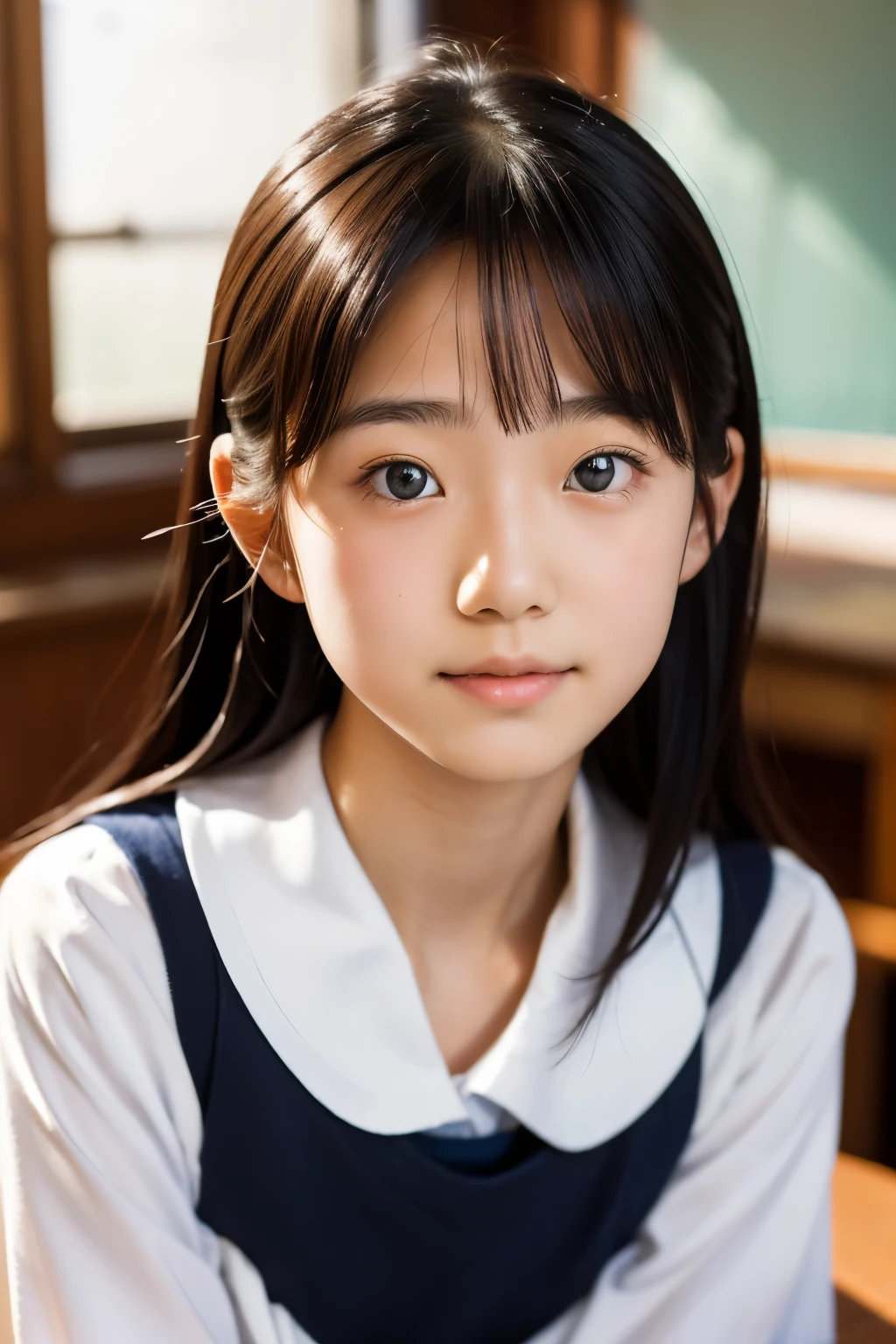 lens: 135mm f1.8, (highest quality),(RAW Photos), (Tabletop:1.1), (Beautiful  Japanese girl), Cute face, (Deeply chiseled face:0.7), (freckles:0.4), dappled sunlight, Dramatic lighting, (Japanese School Uniform), (In the classroom), shy, (Close-up shot:1.2), (Serious face),, (Sparkling eyes)、(sunlight)