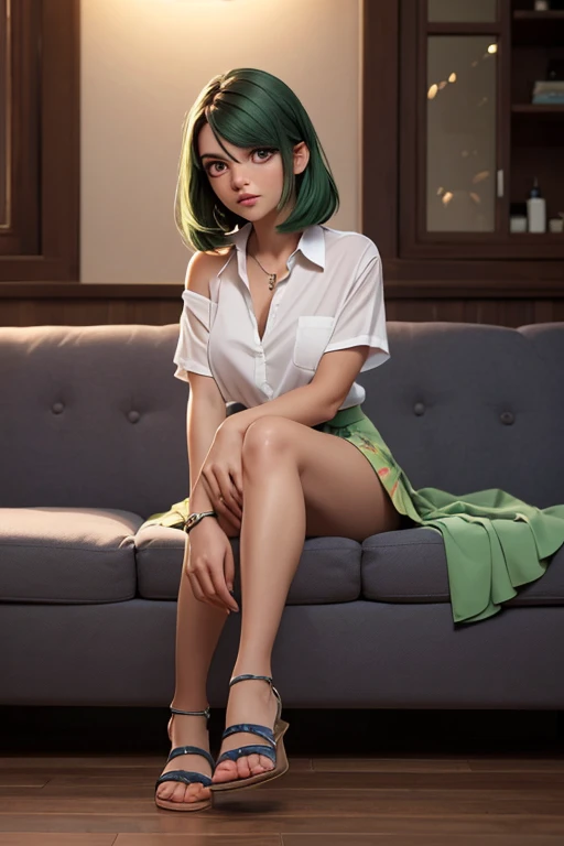 (tiro de cuerpo completo:1.3), bokeh:1.2, adentro, (Calcetines hasta el muslo blancos), ((sitting on the couch, piernas abiertas, mirando directamente al espectador)), solo, ((Wearing circular skirt and oversized open shirt with shoulders showing)), (22 years old dark pielned African woman), little mom, glamour del cabello suelto, (ojos verdes, ojos bonitos), Hermoso rostro, Perfect lighting, beautiful detallado eyes, mirando al espectador, incredibly beautiful woman, detallado hairstyle, realista_detallado_piel_textura, buenas manos, Buenos pies, (8k, foto cruda, mejor calidad, Obra maestra:1.2), (realista, photo-realista:1.37), ultra high resolution, mapeo de fotones, radiosidad, Physically based representation, (luz ambiental:1.3), (cinematographic composition:1.3),professional soft lighting, luz en la cara,