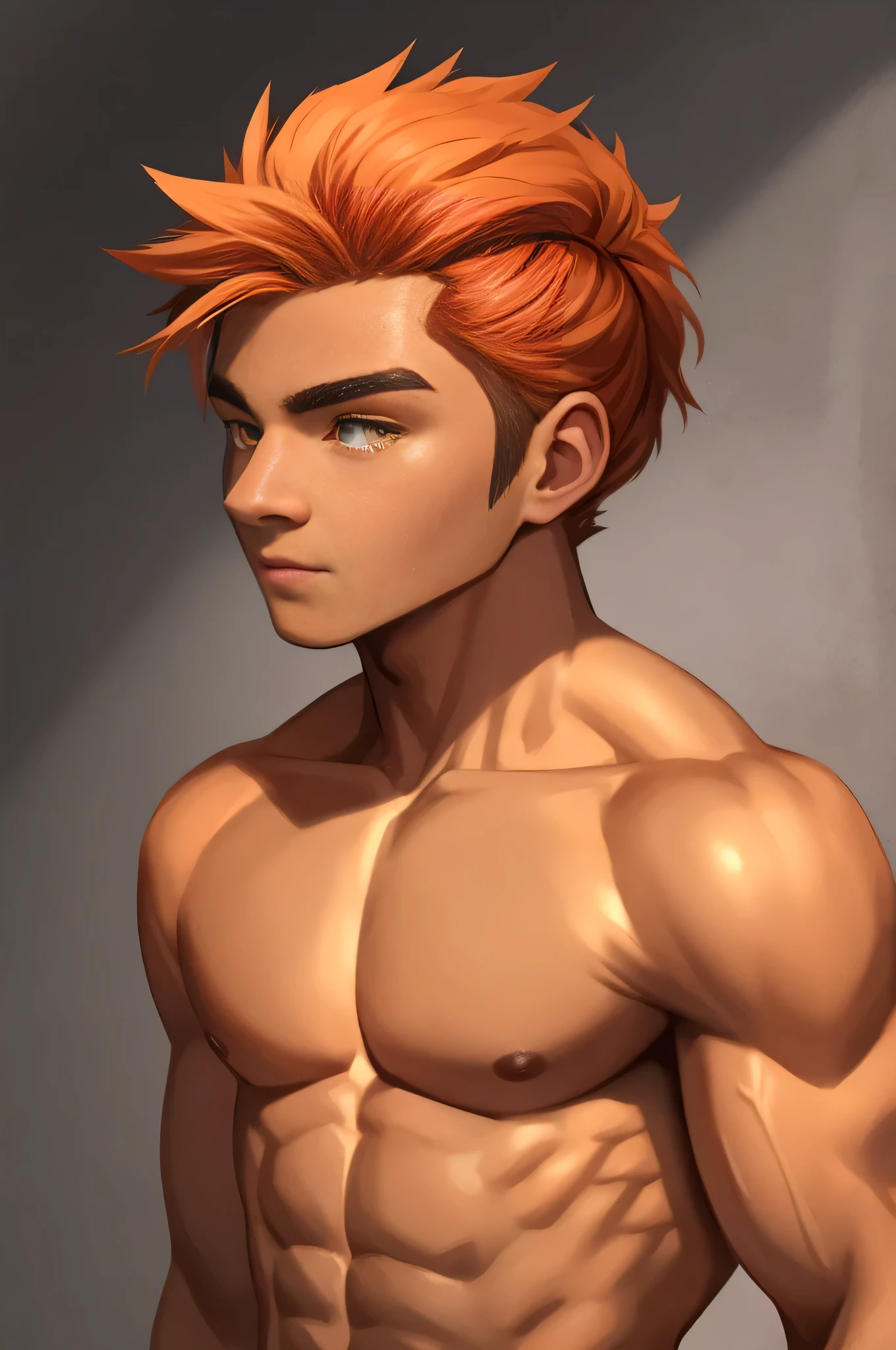 A very attractive young man with short orange hair combed in buns although 4 small strands of hair fall on his forehead, his skin is tanned in a copper tone and yellow eyes. He is shirtless and very muscular.