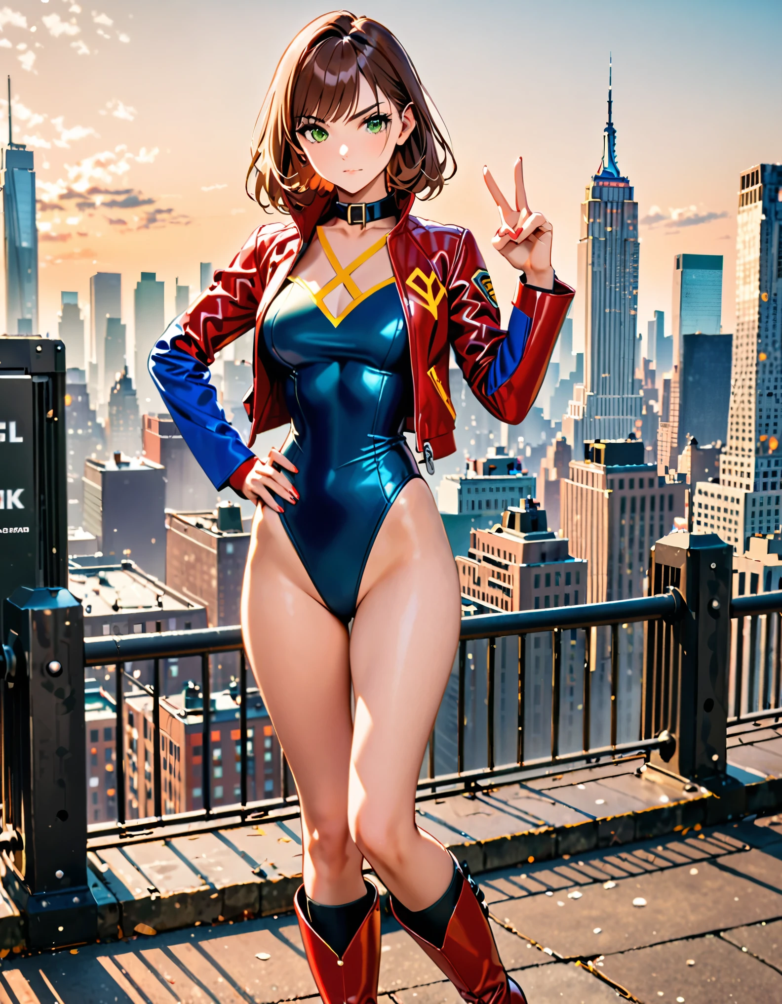 (masterpiece), (best quality), (high res), 1lady, tall body, beautiful detailed eyes, beautiful detailed face, serious, perfect hands, complete fingers, perfect anatomy, perfect proportions, ((brown hair, medium hair)), ((green eyes)), ((leotard, red leotard, matching leotard, dress collar, open collar, bare legs)), ((boots, matching boots, ankle-high boots, red boots)), breasts, medium breasts, (full body portrait), looking at viewer, solo, solo focus, standing, one hand on hip, cowboy shot, new york backdrop, (blue sleeves, yellow cuffs), (yellow V symbol on chest), (red leather jacket, open jacket), full body costume design.