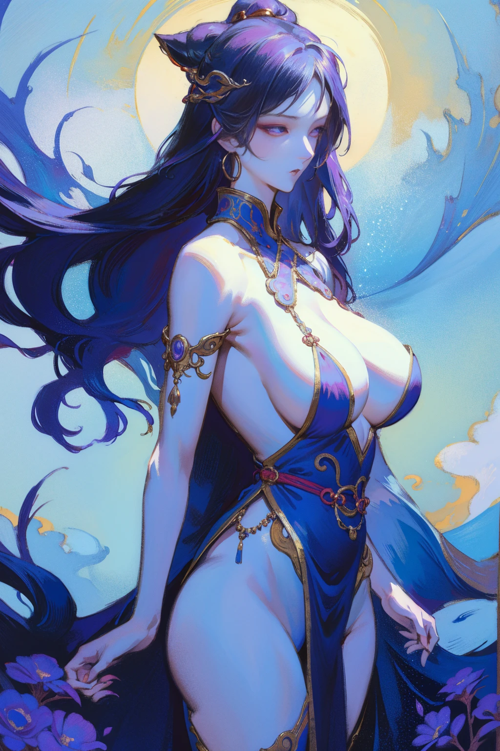 There a woman's turning towards viewer, in ancient China,(solo),Bare back tattoo,((huge big breasts)), hard nips, beautidful eyes,Detailed facial clothing,like a dream, blue and purple flowers, Ukiyo-style, Works of art in the style of Guwitz, Guviz, Alphonse Mucha and Rose Drews, A beautiful artistic illustration, author:Li Song, author:heroes, author:Zou Zhe, by Zeng Jing, by Ye Xin, author:Shitao, author:Zhou Fang, korean art nouveau anime