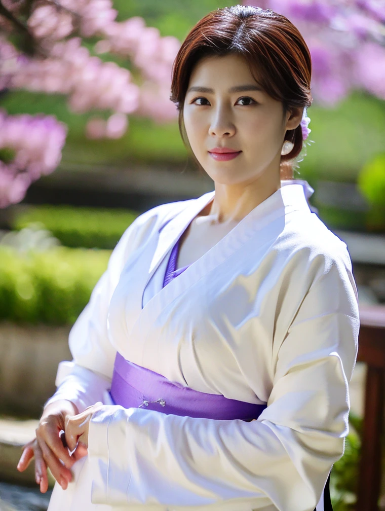 Korean women、Korean Actress、Ha jiwon,40 years old、huge breasts, standing, solo, white_kimono_purple_sash, masterpiece, best quality, detailed face, detailed eyes, highres,The kimono is small、Exposing Skin