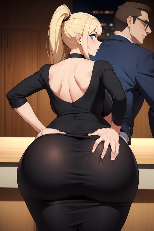 High resolution, view through a camera lens, mature white girl, ((bimbo))), long blonde, ponytail, very wide hips, thick thighs, hourglass figure, small round breast, she has a huge thick ass, Brazilian butt lift, (wearing a tight black dress), (((standing next to a man in a business suite behind a desk facing viewer))), (((man's hand is on her hip))), (((he's groping her ass)))