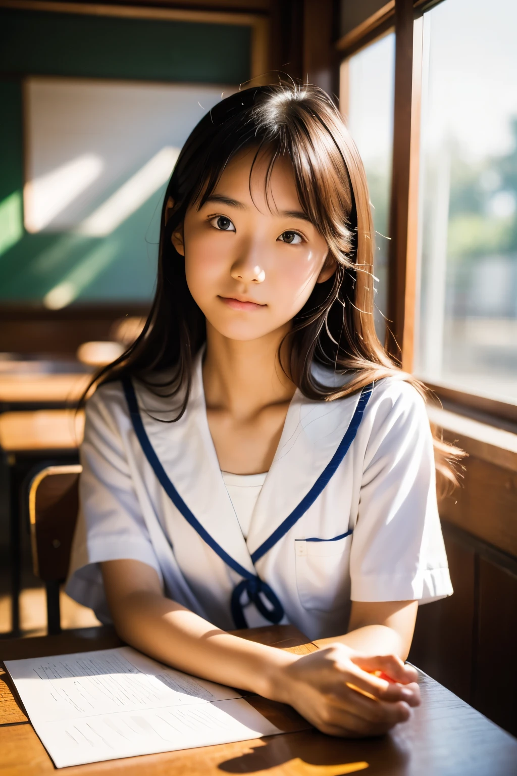 lens: 135mm f1.8, (highest quality),(RAW Photos), (Tabletop:1.1), (Beautiful 16 year old Japanese girl), Cute face, (Deeply chiseled face:0.7), (freckles:0.4), dappled sunlight, Dramatic lighting, (Japanese School Uniform), (In the classroom), shy, (Close-up shot:1.2), (Serious face),, (Sparkling eyes)、(sunlight)