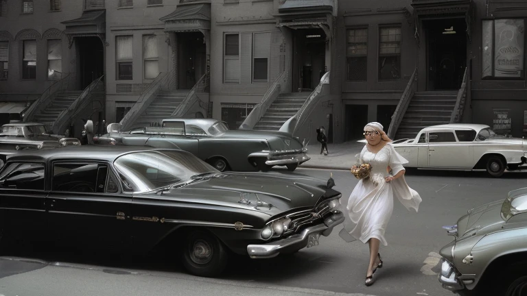 Arabian woman walking in front of a row of parked cars, New York in the 1960s, cinematic diane arbus, inspired By Ruth Orkin, inspired By Bruce Davidson, Bruce Davidson Photography, By Ruth Orkin, By Bruce Davidson, inspired by Vivian Maier, by Larry Fink, by Vivian Maier