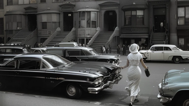 Arabian woman walking in front of a row of parked cars, New York in the 1960s, cinematic diane arbus, inspired By Ruth Orkin, inspired By Bruce Davidson, Bruce Davidson Photography, By Ruth Orkin, By Bruce Davidson, inspired by Vivian Maier, by Larry Fink, by Vivian Maier
