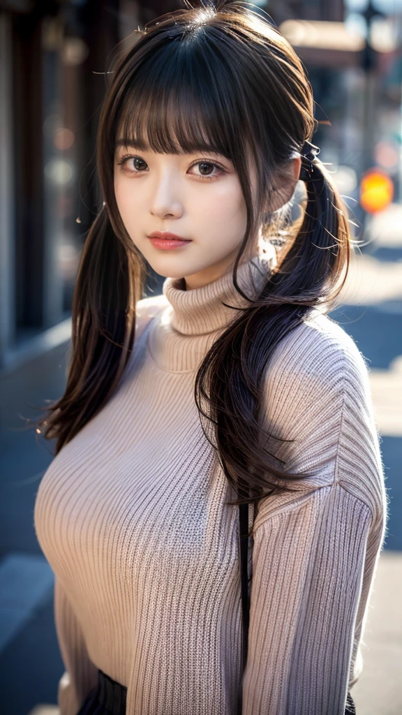 masterpiece, Best Quality, 8K, 20 yo, huge breasts, cuddly, Solo, sad, Cute, Girly, Delicate girl, Neat and clean beauty, Raw photo, Professional Photography, Portrait, Soft light, Professional Lighting, Back lighting, Upper body, front view, Sophisticated, Film grain, (Eyes and faces with detailed:1.0), short length floating hair, beautiful flowing hair, bangs, The hairstyle is twin tails, wearing a pink turtleneck sweater