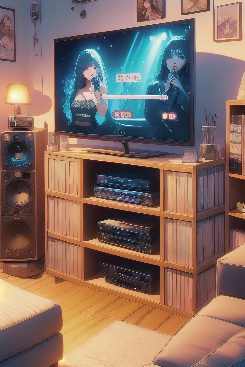 ( Detailed realistic background:1),
( official art, Beautiful and beautiful:1 ),
Realistic lighting,
light,
Surrealism,
Soothing Tones,
pastel colors,
High contrast,
Soft Light,
sharp,
Art Photography,


Karaoke machine wired, Sing, Holding a microphone, Subtitles on TV, Comic Bookcase, sofa, carpet, poster, curtain, Wooden floor, 