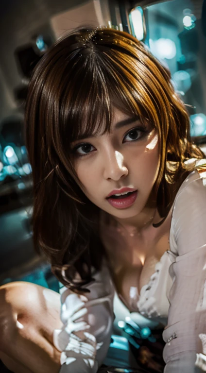 Woman on knees, oval face, crying, sad, distressed, sexy body, brown long hair, (looking at viewer), makeup, fit, erotic body, Cleavage, Cosplay, Tongue out, (best quality,4k,8k,highres,masterpiece:1.2), ultra-detailed, (realistic,photorealistic,photo-realistic:1.37), HDR, UHD, studio lighting, ultra-fine painting, sharp focus, physically-based rendering, extreme detail description, professional, Pastel colors, bokeh, portraits, landscape, horror, anime, sci-fi, photography, concept artists, warm, soft lighting