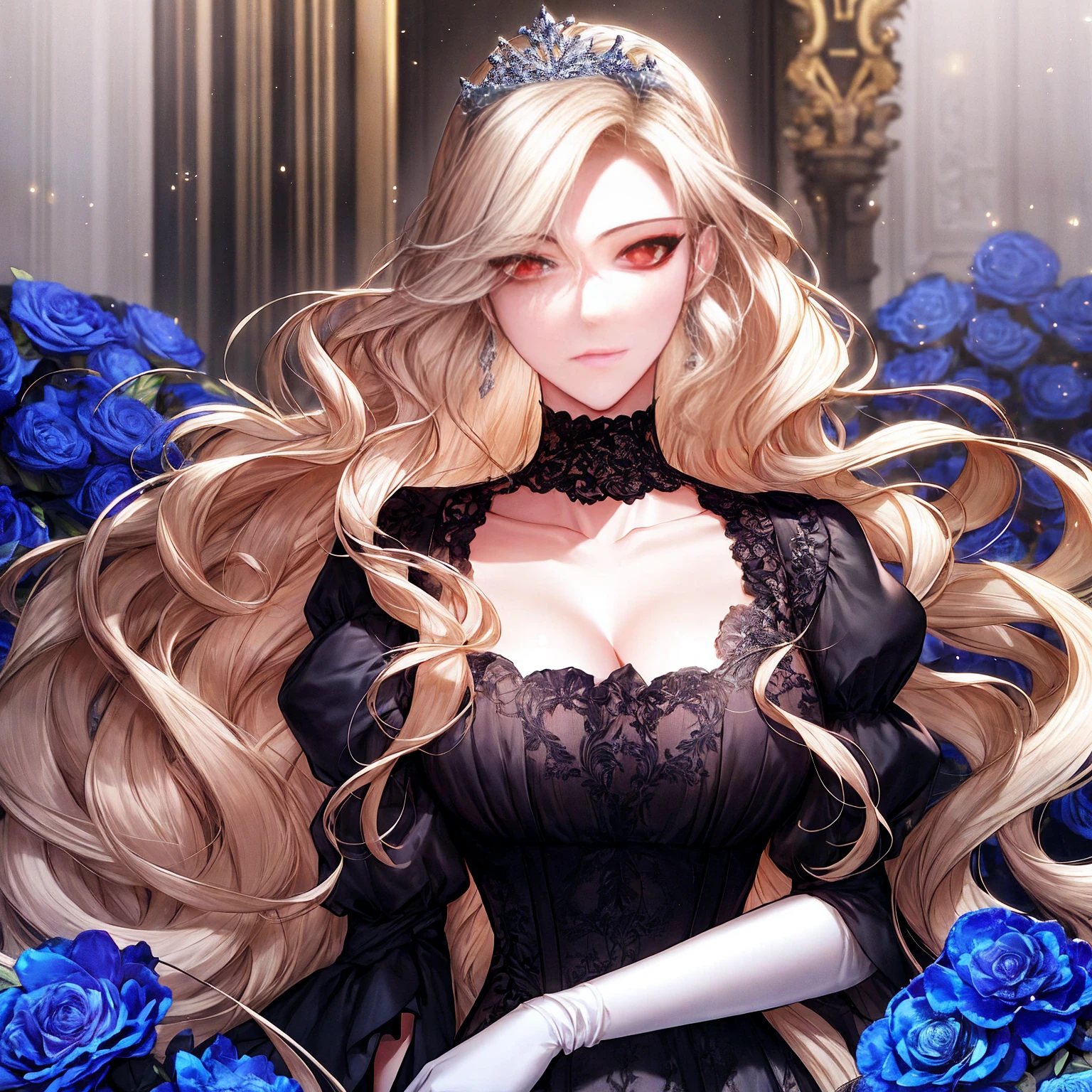 shoujo-style, (floral background), romance manhwa, (2girls, aligned), silver hair, blonde hair, solo, long hair, flower, dress, tiara, white dress, gloves, long sleeves, choker, green eyes, red eyes, mascara, makeup, white gloves, black bow, black flower, wavy hair, bow, jewelry, looking at viewer, white background, collarbone, puffy sleeves, silver accessories, upper body, parted bangs, very long hair, blue dress, frills, bangs, closed mouth, detailed eyes, (close up), gleaming skin, shiny glossy skin