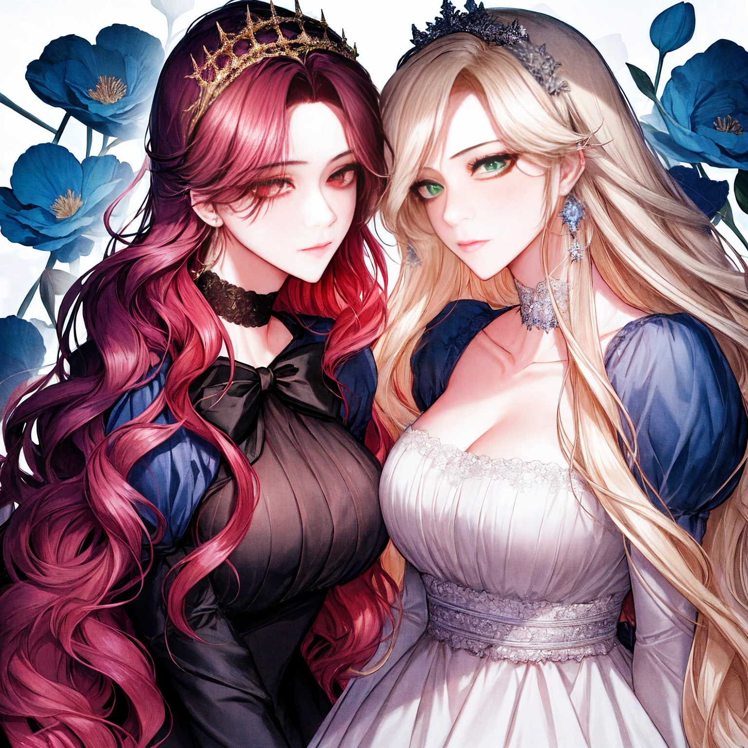 shoujo-style, (floral background), romance manhwa, (2girls, aligned), silver hair, blonde hair, solo, long hair, flower, dress, tiara, white dress, gloves, long sleeves, choker, green eyes, red eyes, mascara, makeup, white gloves, black bow, black flower, wavy hair, bow, jewelry, looking at viewer, white background, collarbone, puffy sleeves, silver accessories, upper body, parted bangs, very long hair, blue dress, frills, bangs, closed mouth, detailed eyes, (close up), gleaming skin, shiny glossy skin