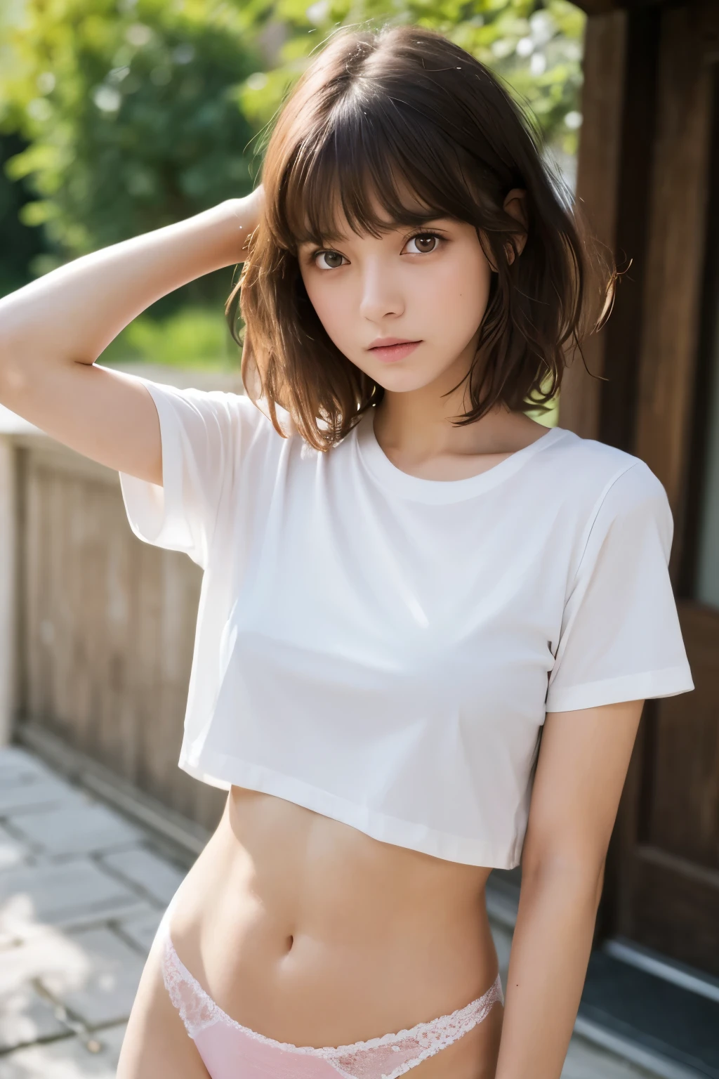 Sitting under a tree, Hair bangs, Ideally , White Cropped T-Shirt，There are words soaked with sweat on it, Stomach, shorts, (Sunny forest, There was a strong wind, background), Vibrant colors, Studio Lighting, Soft lighting, Dim Lights, 3D Animation