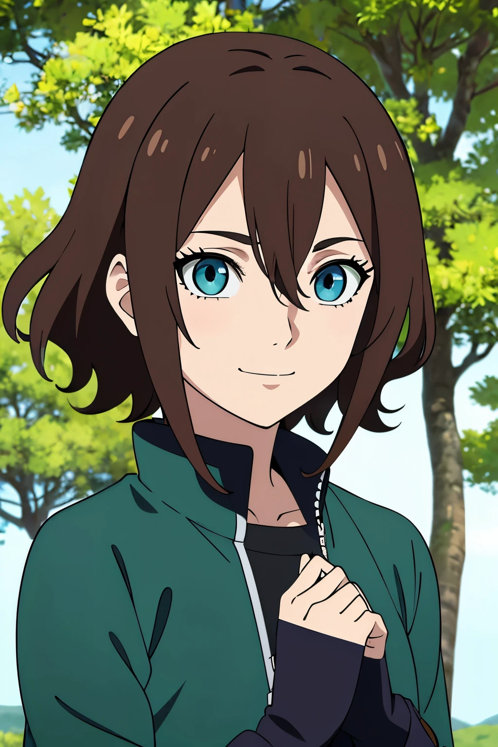 (high-quality, breathtaking),(expressive eyes, perfect face) 1girl, female, solo, portrait, teenager, Symmetrical Eyes, brown hair color, short hair length, wavy curly hair, upper body, green and blue eyes, Heterochromia eyes, positive expression, cute smile, detailed eyes, blue jacket, black shirt, Naruto Art style, Masashi Kishimoto Art Style, Shinobi of the Hidden Leaf, hair between eyes, gloves, open field, trees
