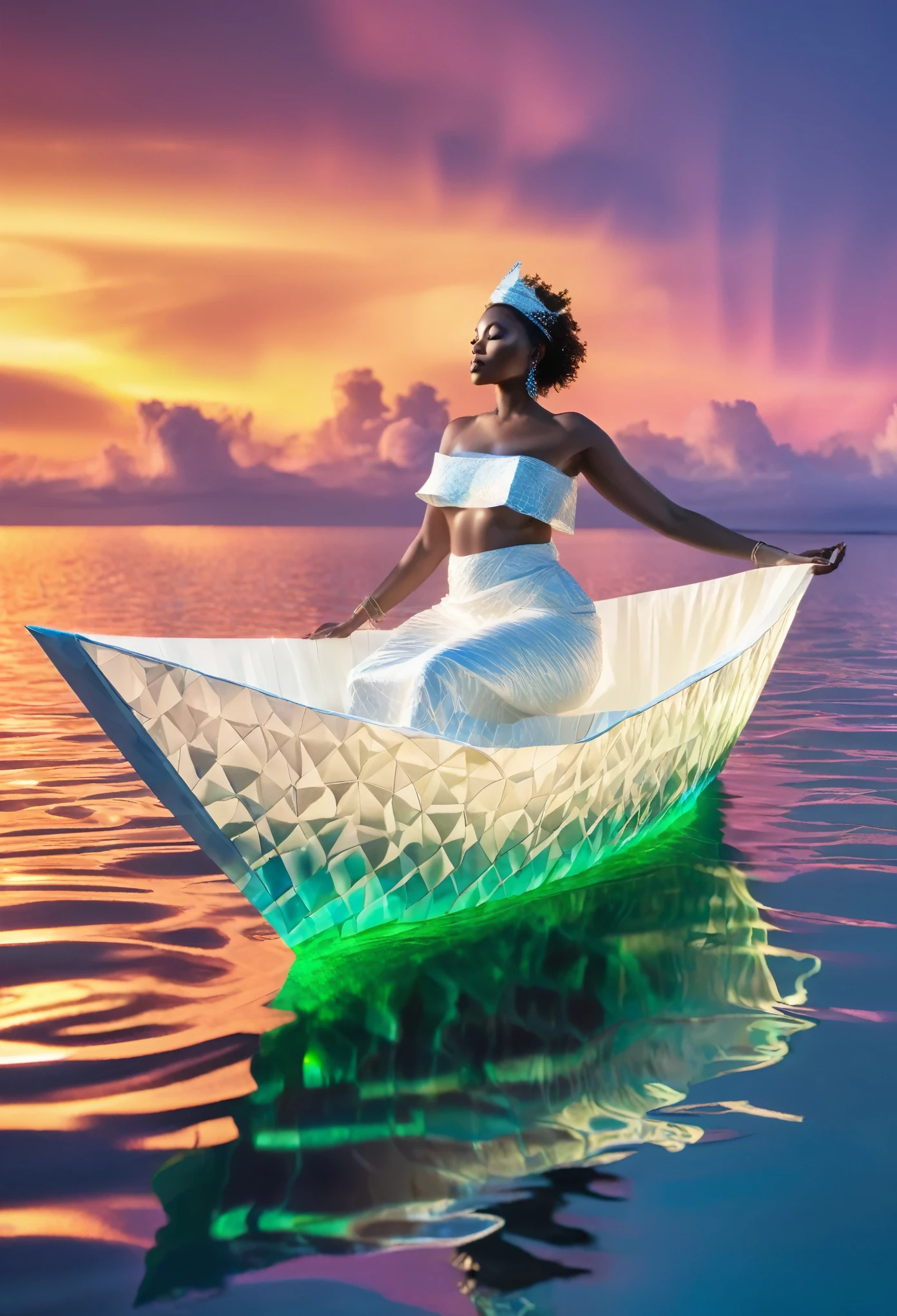 side angle view of A black woman sitting in a paper boat sailing on a clear ocean, clear ocean reflecting a beautiful aurora borealis shining in the sky, she's dressed in white African paper designed clothes, above a clear ocean, water reflecting the beautiful aurora borealis shining in the sky and clouds, beautiful artistic image.