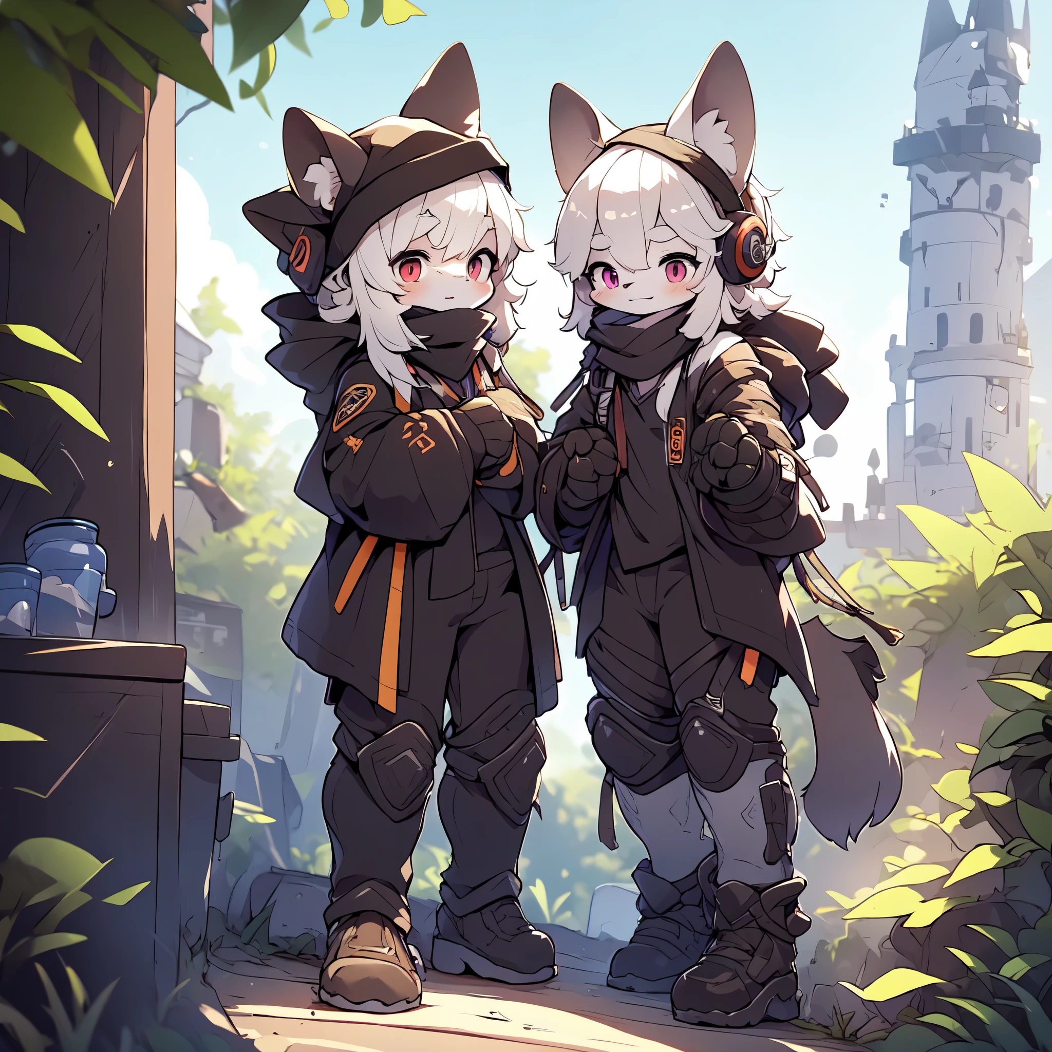 Kawaii, Striped Fluffy Fox, emaciated, long hair, 3girls, artificial synthetic skin, life support prosthetics, digital headphones, black tight latex bodysuit, white long dress, thigh-high-socks, shorts, loose off-the-shoulder hood open jacket, holsters in thigh, Mechanical boots, tactical knee pads, tactical belted loose Arm Sleeves, cybernetic Display gloves, chest rigs, tactical belts, blue archive halo, bulletproof goggles on forehead, from Ark nights, ray tracing, depth of field, bloom, masterpiece, ccurate, high details, highres