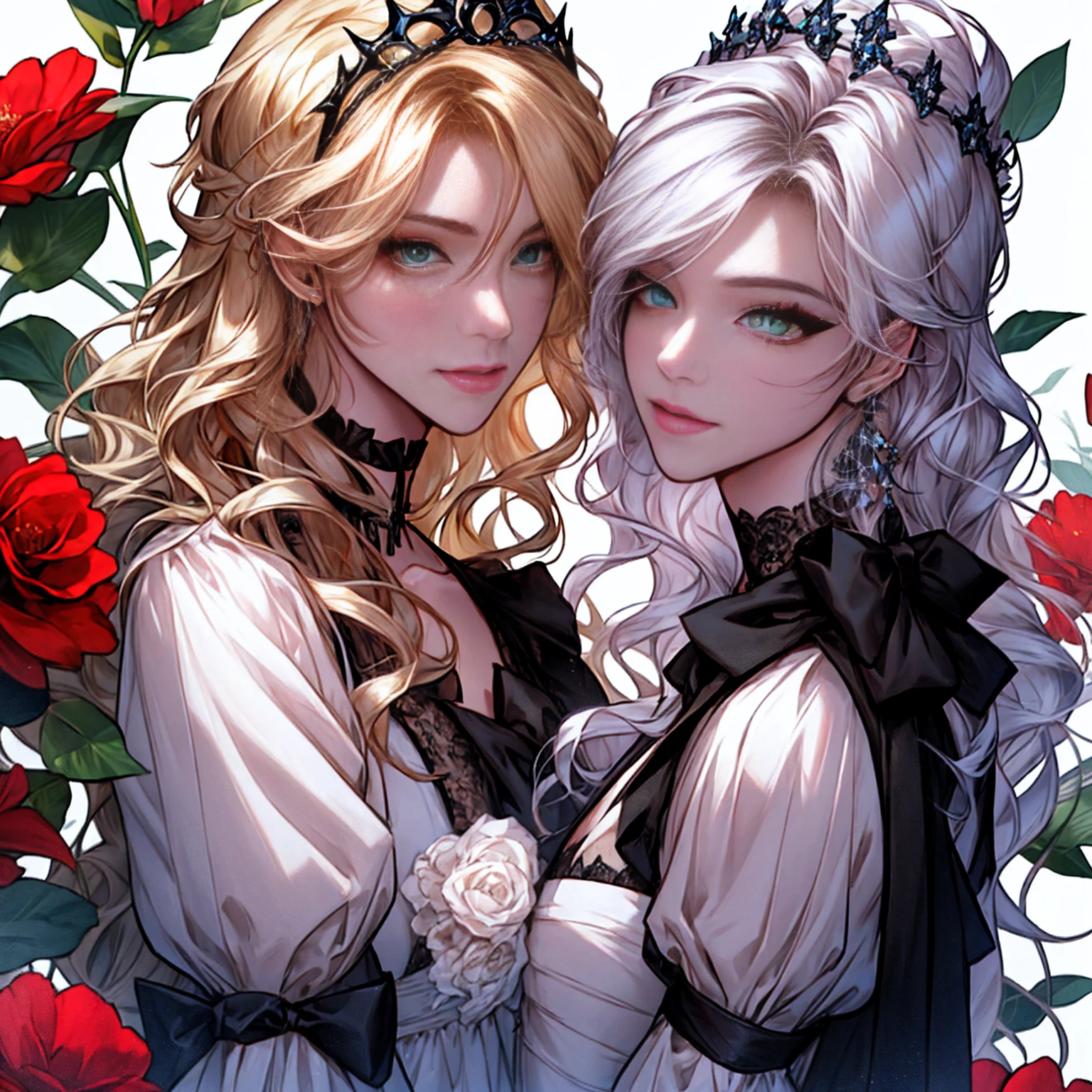 shoujo-style, (floral background), romance manhwa, (2girls, aligned), silver hair, blonde hair, solo, long hair, flower, dress, tiara, white dress, gloves, long sleeves, choker, green eyes, red eyes, mascara, makeup, white gloves, black bow, black flower, wavy hair, bow, jewelry, looking at viewer, white background, collarbone, puffy sleeves, silver accessories, upper body, parted bangs, very long hair, blue dress, frills, bangs, closed mouth, detailed eyes, (close up), gleaming skin, shiny glossy skin