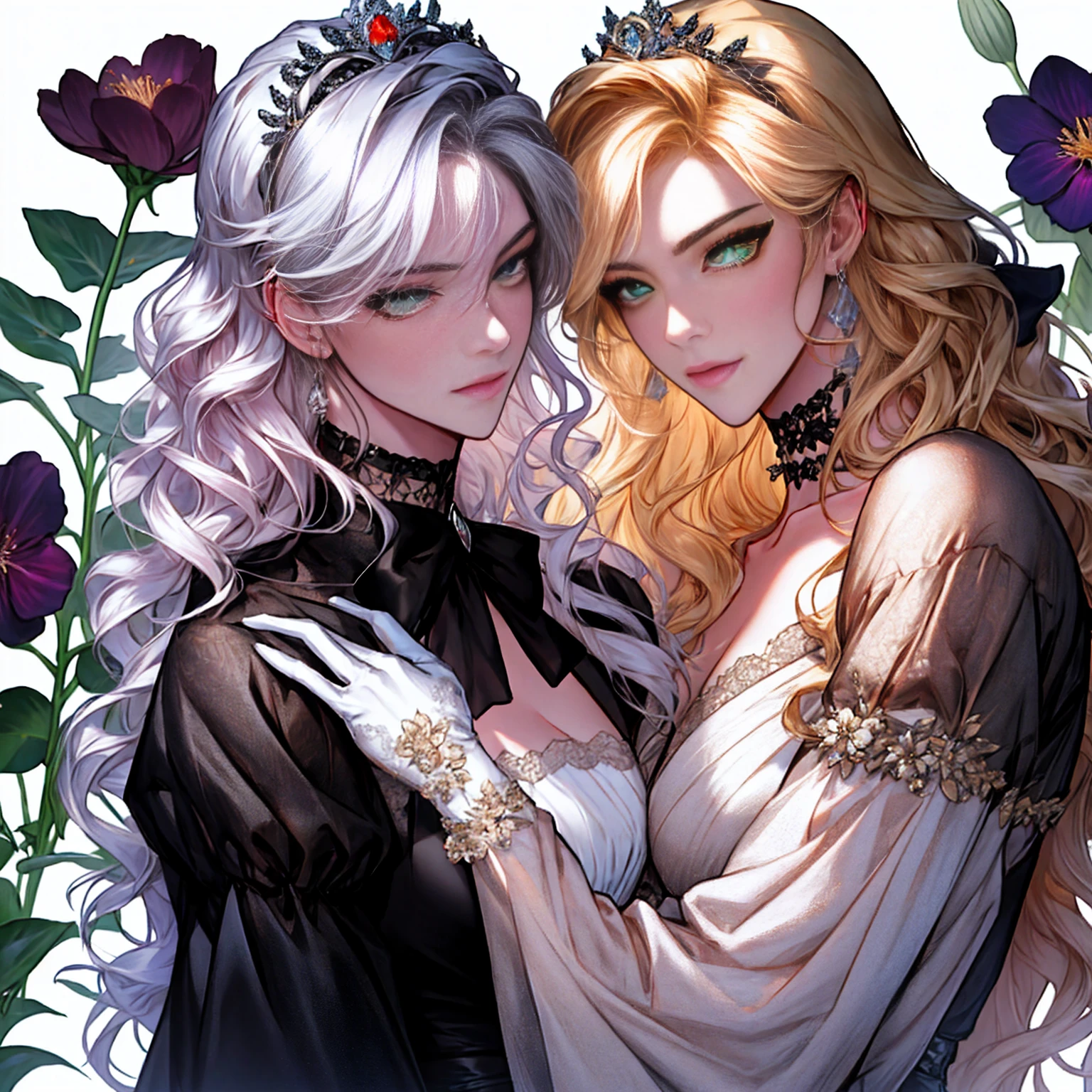 shoujo-style, (floral background), romance manhwa, (2girls, aligned), silver hair, blonde hair, solo, long hair, flower, dress, tiara, white dress, gloves, long sleeves, choker, green eyes, red eyes, mascara, makeup, white gloves, black bow, black flower, wavy hair, bow, jewelry, looking at viewer, white background, collarbone, puffy sleeves, silver accessories, upper body, parted bangs, very long hair, blue dress, frills, bangs, closed mouth, detailed eyes, (close up), gleaming skin, shiny glossy skin