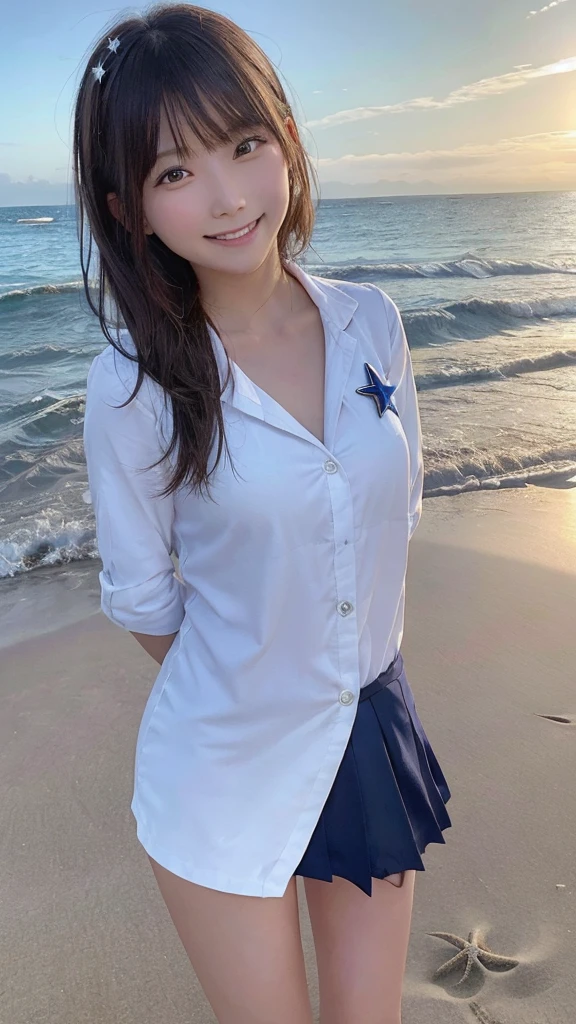 One girl, alone,smile, ((Beach)),(morning日:1.1),  alone, Star hair ornament,Shine, from the front, uniform, morning, Wave to the camera, Ocean,　smile