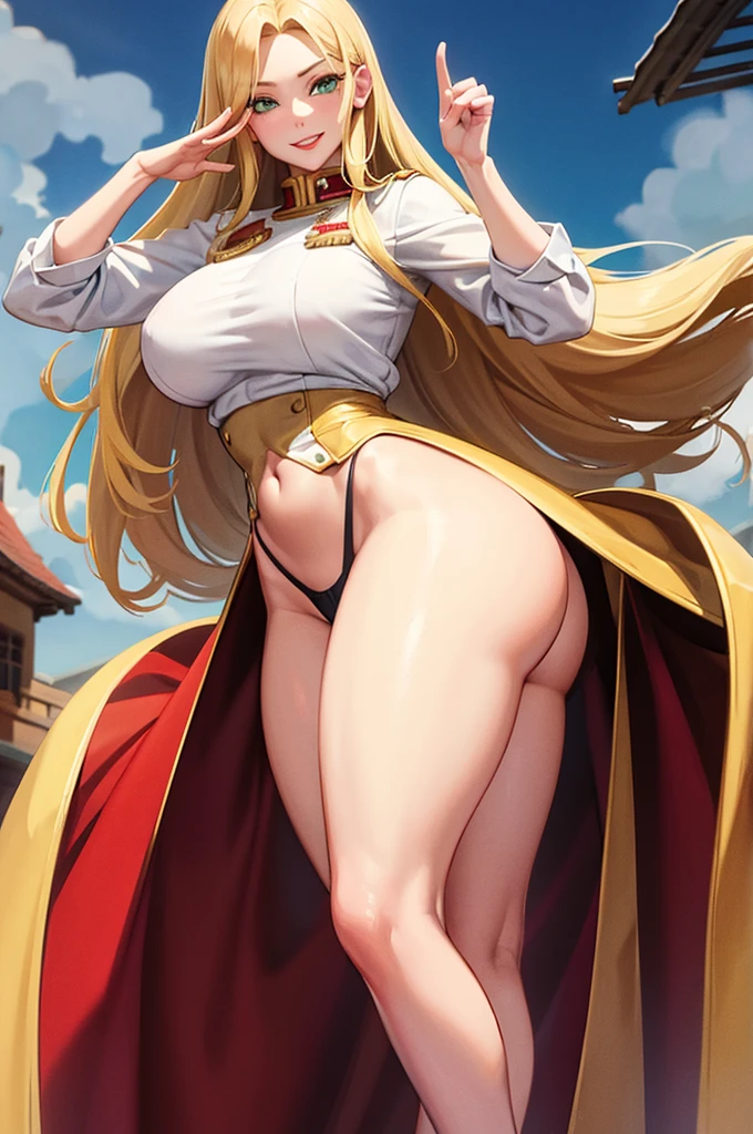 Woman saluting,Blonde,Long hair is thick,very red lips,Big Ass,Narrow waist,Long legs,Green Eyes Standing 8k(( A sloppy smile,The face we're looking for, Winking)), ,8k(( Anime Style, The facial expression is good, Anime Style緑色の眼, The facial expression is good:1.5)), Standing at the station, Morning, Beauty, soldier, uniform,spring,cherry blossoms,Looking at the camera, clear hand position, clear depiction of eyes