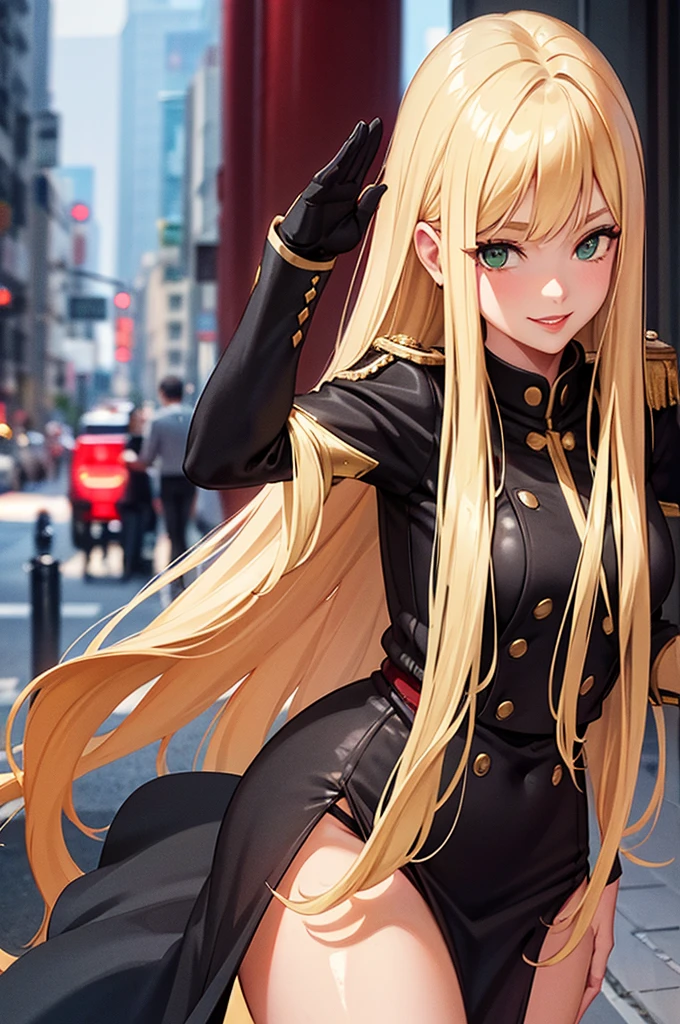 Woman saluting,Blonde,Long hair is thick,very red lips,Big Ass,Narrow waist,Long legs,Green Eyes Standing 8k(( A sloppy smile,The face we're looking for, Winking)), ,8k(( Anime Style, The facial expression is good, Anime Style緑色の眼, The facial expression is good:1.5)), Standing at the station, Morning, Beauty, soldier, uniform,spring,cherry blossoms,Looking at the camera, clear hand position, clear depiction of eyes