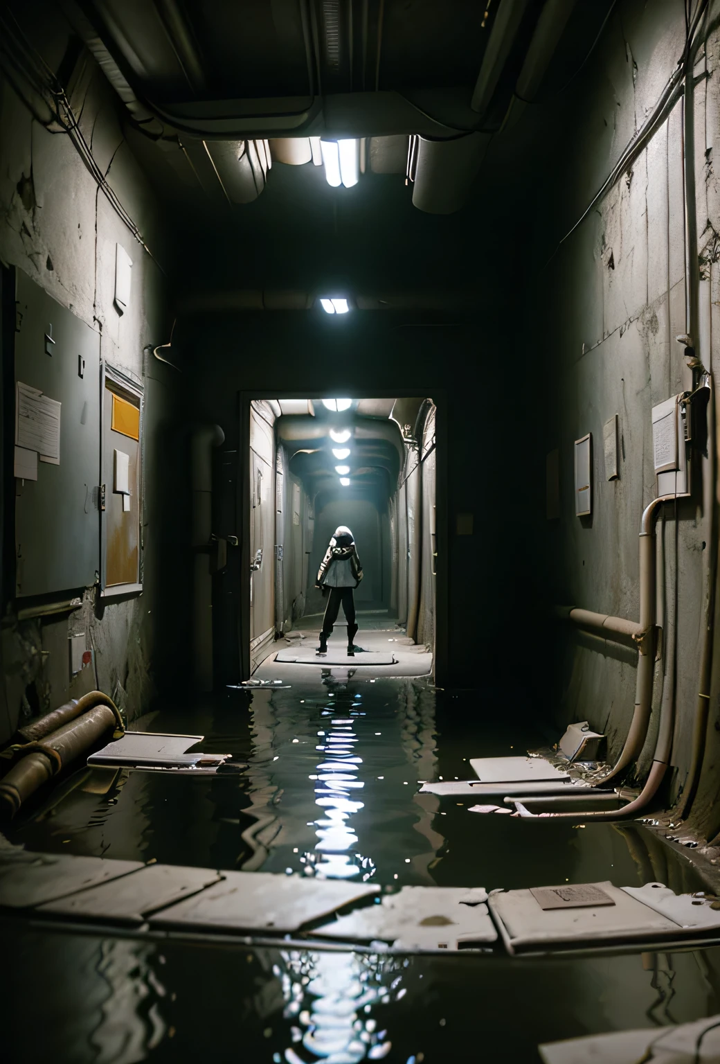 three women dressed in white anti-radiation clothing inside an open dry canal, there are three pipe holes in the wall, estilo half life 2