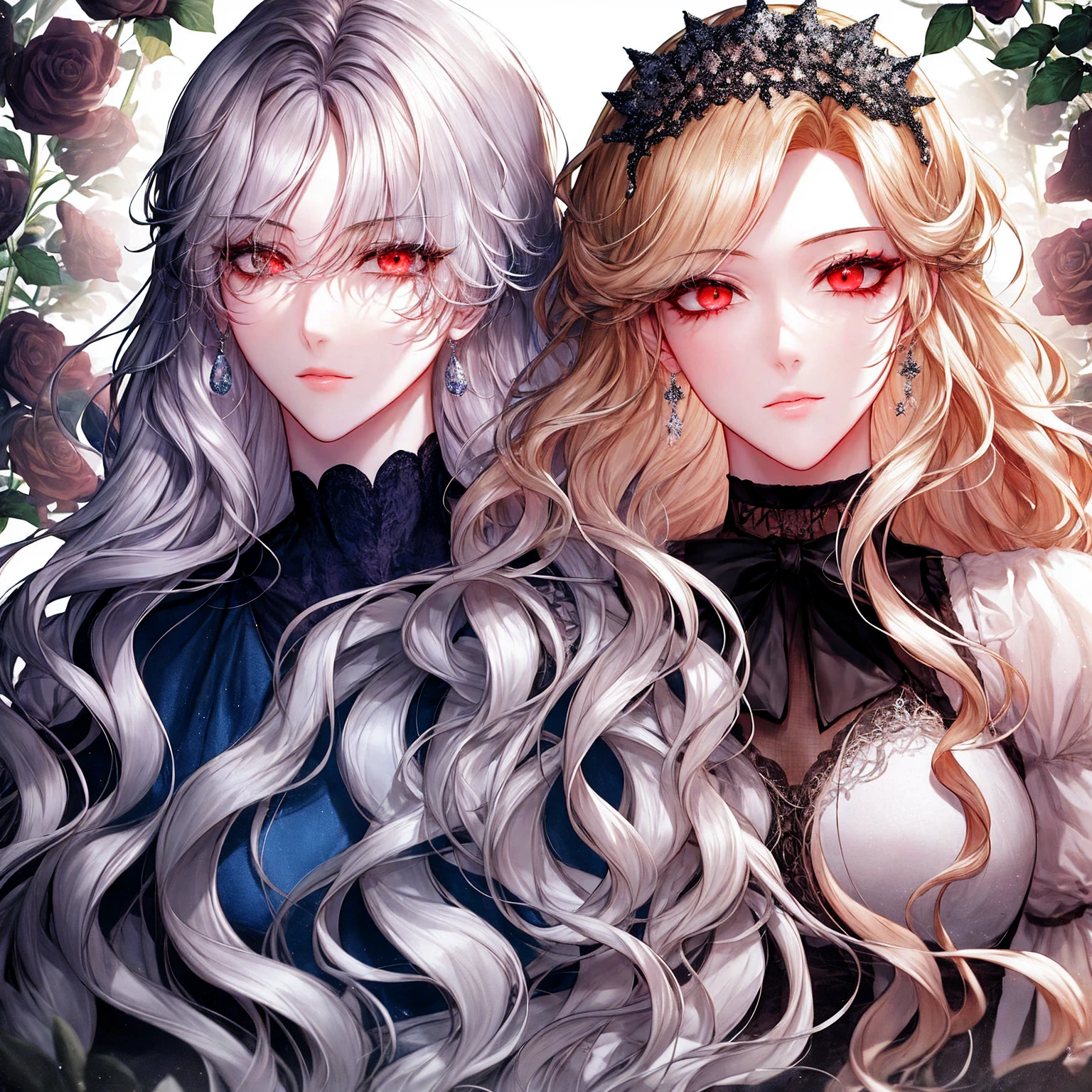 shoujo-style, (floral background), romance manhwa, (2girls, aligned), silver hair, blonde hair, solo, long hair, flower, dress, tiara, white dress, gloves, long sleeves, choker, green eyes, red eyes, mascara, makeup, white gloves, black bow, black flower, wavy hair, bow, jewelry, looking at viewer, white background, collarbone, puffy sleeves, silver accessories, upper body, parted bangs, very long hair, blue dress, frills, bangs, closed mouth, detailed eyes, (close up), gleaming skin, shiny glossy skin