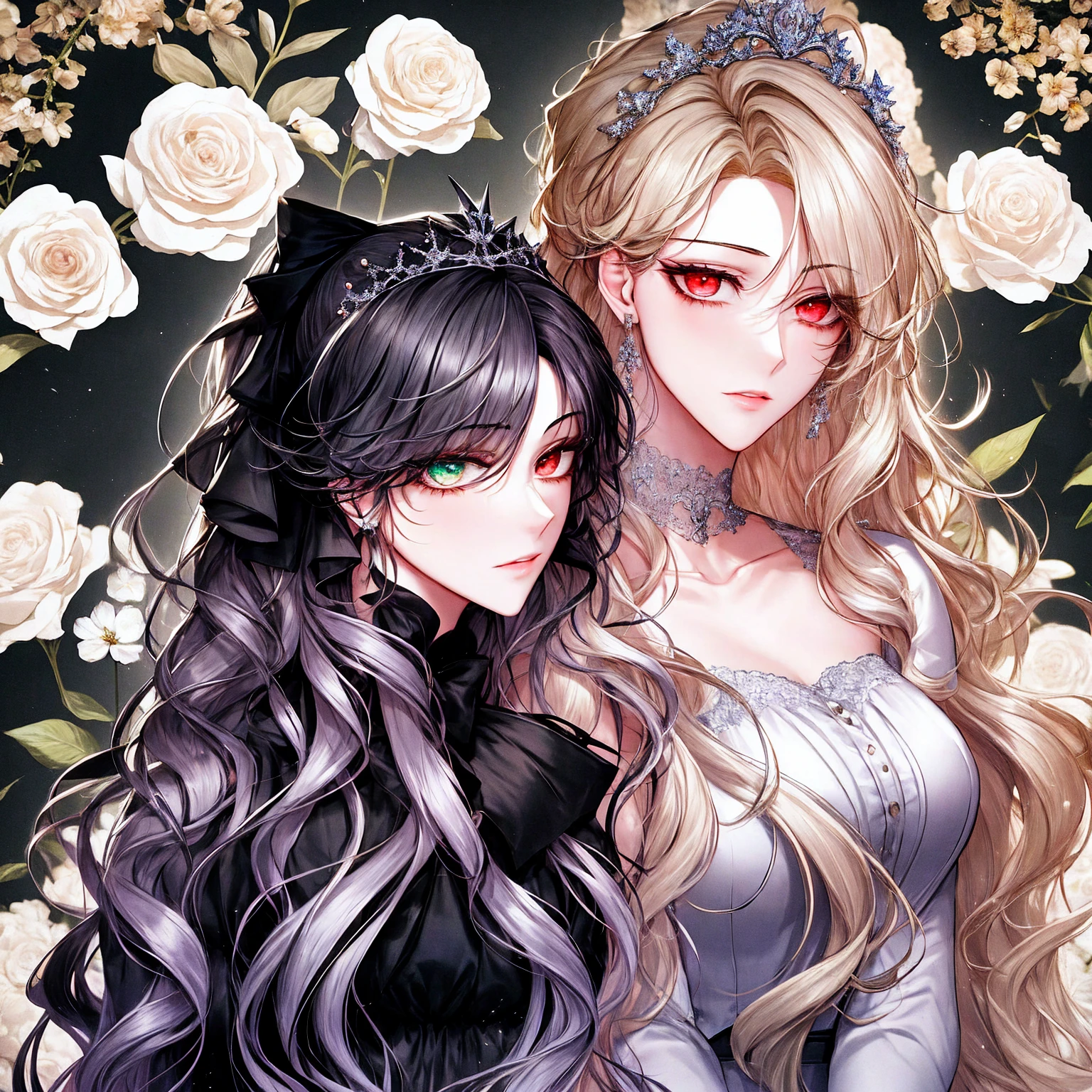 shoujo-style, (floral background), romance manhwa, (2girls, aligned), silver hair, blonde hair, solo, long hair, flower, dress, tiara, white dress, gloves, long sleeves, choker, green eyes, red eyes, mascara, makeup, white gloves, black bow, black flower, wavy hair, bow, jewelry, looking at viewer, white background, collarbone, puffy sleeves, silver accessories, upper body, parted bangs, very long hair, blue dress, frills, bangs, closed mouth, detailed eyes, (close up), gleaming skin, shiny glossy skin