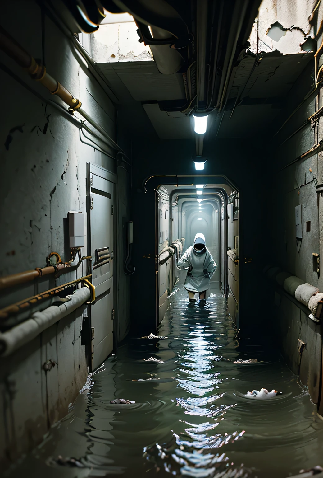 three women dressed in white anti-radiation clothing inside an open dry canal, there are three pipe holes in the wall, estilo half life 2