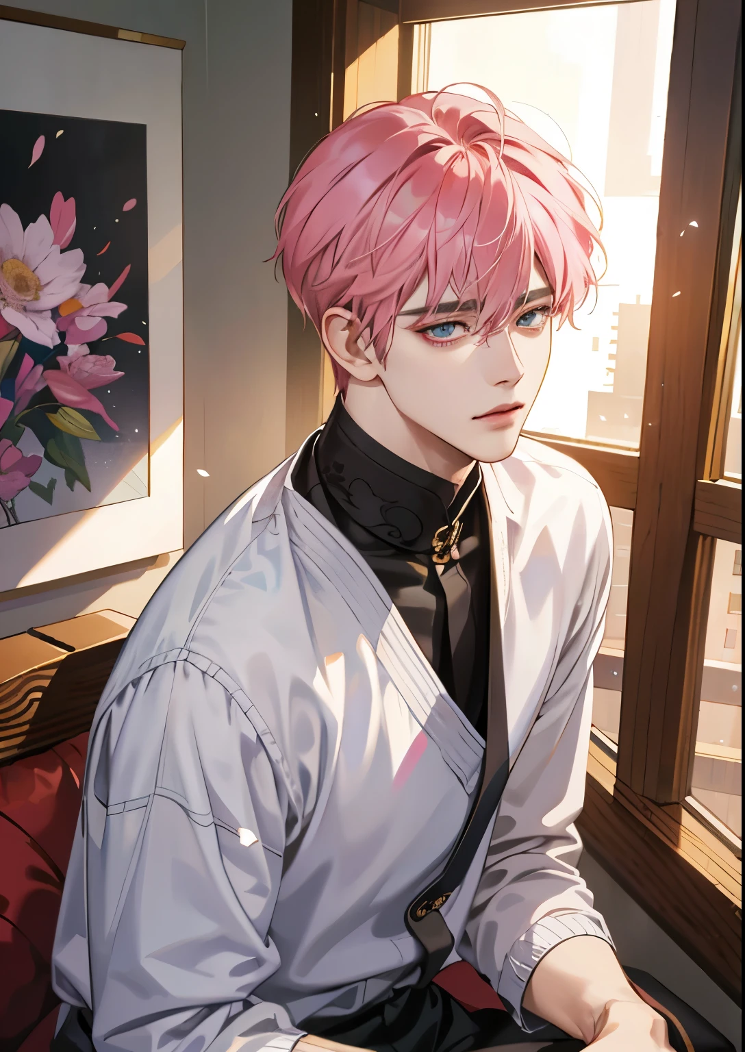 Close-up portrait of a person sitting on a windowsill with folded hands, Guviz-style artwork, made with anime painter studio, Guviz, Cai Xukun's, Anime Realism Style, Realistic anime art style, painted in anime painter studio, Inspired by Kim Taehyung, In an anime style, anime handsome guy, inspired by Zhang Han, anime realism、Pink hair、Shirts and knitwear