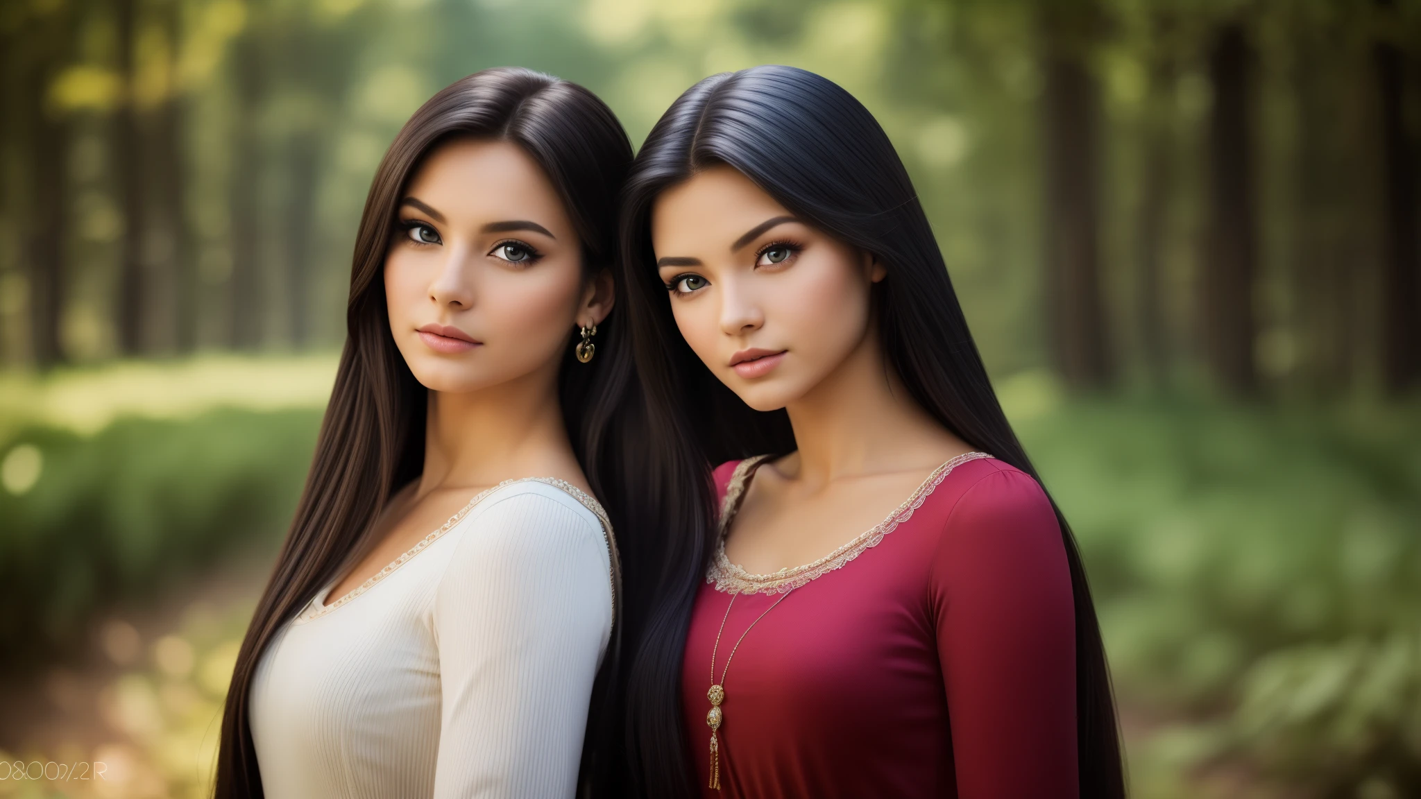 masterpiece,best qualtiy,hdr, hyper HD, 8K,Bokeh,Ultra-fine painting,Sharp focus,Physically-based rendering,Extreme detail description,full-body photo, perfect eyes, perfect hands, perfect body, perfect hair, (EOS R8, 50 millimeters, F1.2, 8K, RAW photo:1.2), photograph by arny freytag, rapunzel and pocahontas posing
