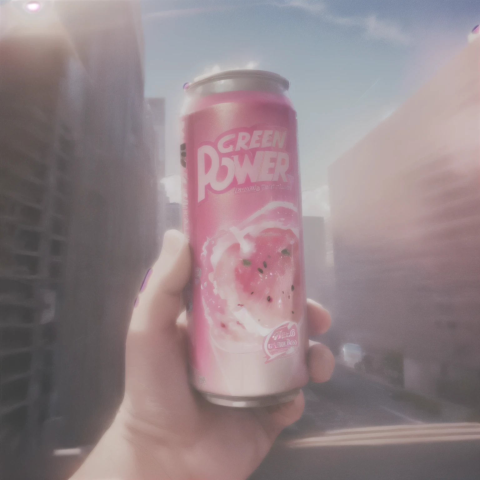 There is a man on the bridge holding a can of peach water, Pink Power, drink, energy drink, watermelon core, superpower, #O'Casey, # O'Casey, pink和绿色, pink、white and green, healthy, Shot with iPhone 1 0, made of drink, Wild Force, green and pink, no power, very powerful, holding a can of beer
