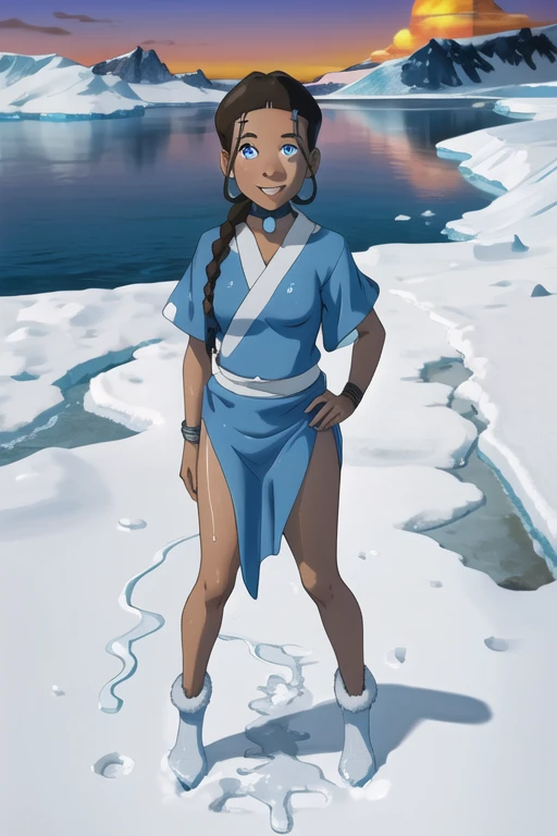 highres, masterpiece, night, adult, perfect skin, female, looking at viewer, full body, (RSEEmma:1.1),brown hair, very long hair,  katara, dark skin, dark-skinned female, blue eyes, braid, choker, jewelry, ice, (antartica:1.2), ocean, smile, spell, magic, (waterbending:1.1), igloo, (blue magic), sunset, nude body naked, indoor, small breasts, pussy, sexy, cold, shy, wet skin, pleasure face, standing, pissing, lies on snow, hot piss