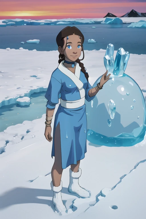 highres, masterpiece, night, adult, perfect skin, female, looking at viewer, full body, (RSEEmma:1.1),brown hair, very long hair,  katara, dark skin, dark-skinned female, blue eyes, braid, choker, jewelry, ice, (antartica:1.2), ocean, smile, spell, magic, (waterbending:1.1), igloo, (blue magic), sunset, nude body naked, indoor, small breasts, pussy, sexy, cold, shy, wet skin, pleasure face, standing, pissing, lies on snow, hot piss
