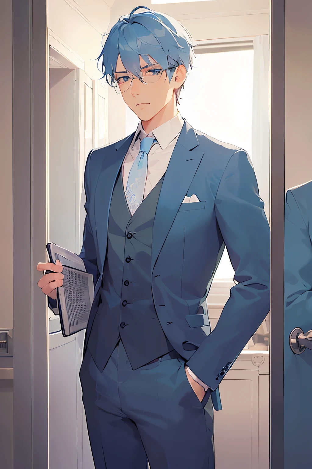 A man (glasses, light blue eyes, calm light blue hair, gray suit, card holder strapped around his neck, talking on the phone while looking at a schedule book), a talent manager, in the dressing room. , with a serious expression on his face, along with the talent he manages.