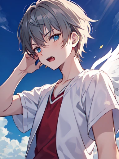 (absurdres), (perfect anatomy), (ingenious angle), (variations of poses),like a dream, beautiful composition, RAW photo, extremely delicate and beautiful, aesthetic,1 people, alone, boy, grumpy, open mouth, fang, look at viewer, 14 years old, upper body, standing, claw pose, blue sky, warm atmosphere, perfect composition, trending pixiv fanbox, clear eyes, anime hand drawn illustration,