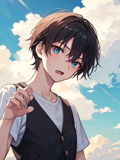 (absurdres), (perfect anatomy), (ingenious angle), (variations of poses),like a dream, beautiful composition, RAW photo, extremely delicate and beautiful, aesthetic,1 people, alone, boy, grumpy, open mouth, fang, look at viewer, 14 years old, upper body, standing, claw pose, blue sky, warm atmosphere, perfect composition, trending pixiv fanbox, clear eyes, anime hand drawn illustration,