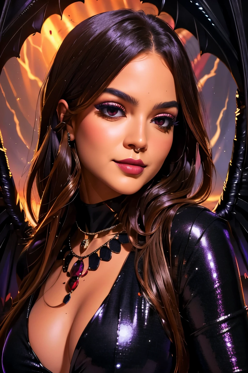 (masterpiece), (unrivalled quality:1.4), ultra-high resolution, [:velvet textures:0.2], hyperrealistic, dark fantasy portrait, m31m414 woman, adult (succubus:0.7) with a sly smirk, hypnotic ruby red eyes, raven-black hair cascading in waves, solo, detailed face, (cavernous underworld theme:1.1) (demonic wings:1.05), personified forbidden temptation, allure, power, darkness, succubus mythology symbolism, firelight, glow, rich purples and reds, symmetry, obsidian, foreboding cavern background, otherworldly infernal atmosphere