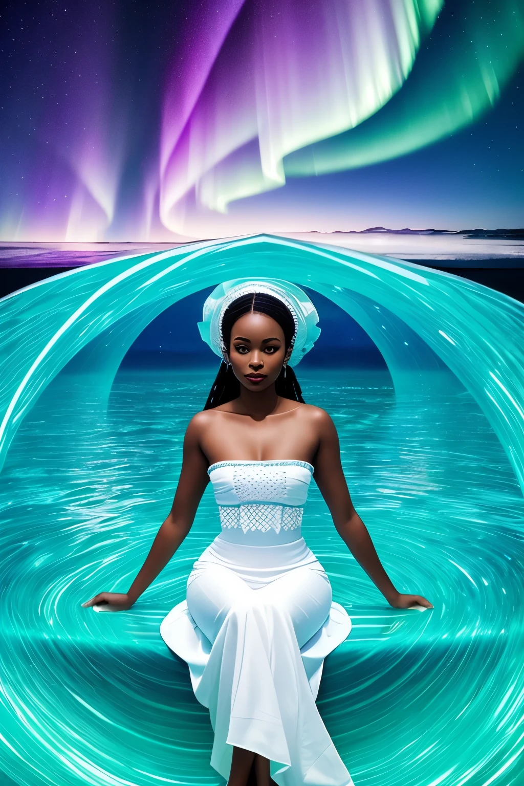 Side-angled perspective of a radiant black woman gracefully seated in a delicate paper boat, navigating a tranquil, crystal-clear ocean. The ocean's surface mirrors a breathtaking aurora borealis, its colors dancing and shimmering majestically in the sky above. The woman is attired in exquisite white garments fashioned from traditional African paper, their intricate patterns adding a touch of cultural richness to the scene. The clear ocean surface also reflects the aurora's resplendent glow, while wispy clouds float serenely in the backdrop. This captivating, artistic image showcases the serenity and beauty of both the woman and the natural world around her