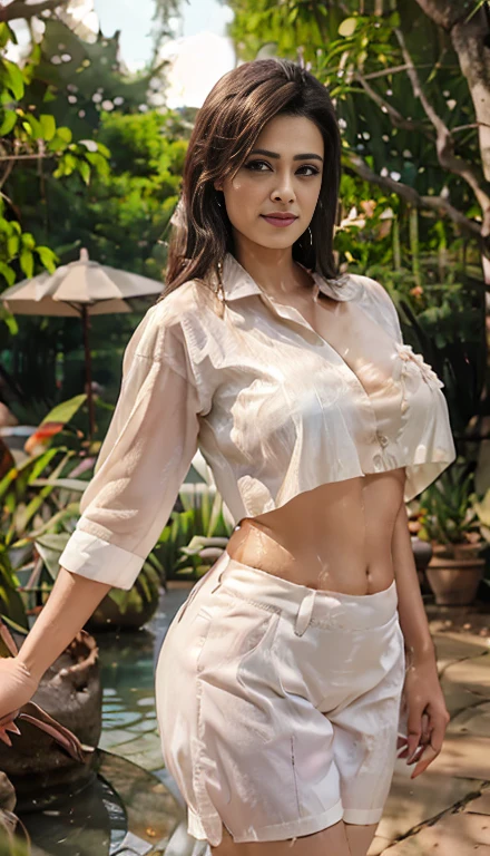 Nsfw. walking in a moonlight courtyard, forest background, mythical forest, huge trees, exotic girl, indian, shweta tiwari,vivacious, looking at the viewer, shining skin, perfect lighting, the embodiment of grace and elegance, provocative pose, smiling seductively, (nearly transparent white wet open floral shirt and jewelry), big breasts,deep cleavage, curvy ass, clear curvy details, beautiful curves, detailed eyes, detailed pupil, long shining hair, volumetric lighting, Ultra Detailed, unity 8k wallpaper, ultra detailed, aesthetic, masterpiece, best quality, photorealistic