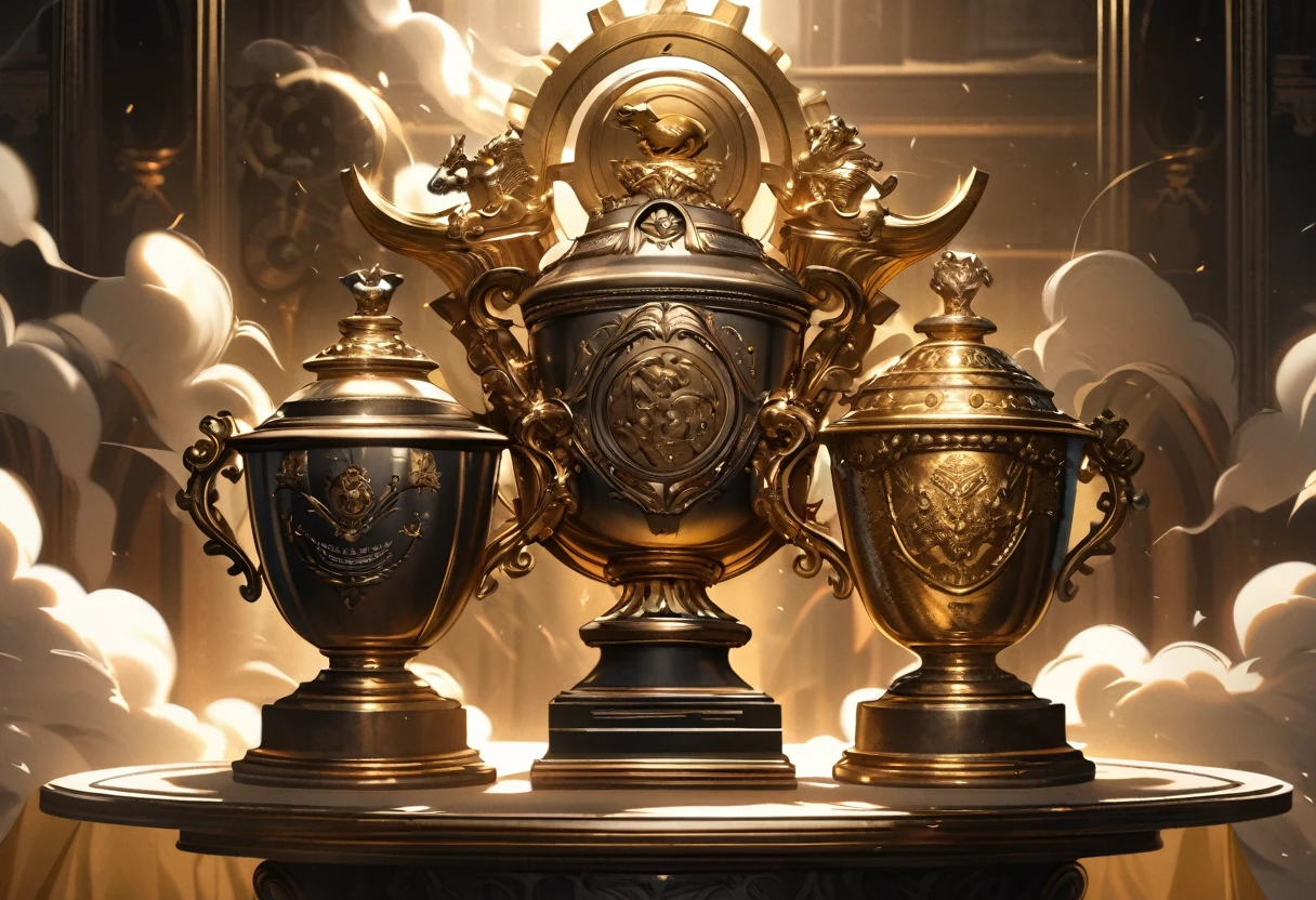 (best quality,highres),
a golden trophy,
steam punk style,
a battle toad,
atop an urn,
in a victory pose,
sitting on a plain white pedestal,
detailed texture on the trophy,
intricate gears and pipes on the steam punk style,
sharp focus on the battle toad,
heavy and polished metal material,
elaborate engravings on the urn,
a sense of triumph and achievement,
dynamic lighting to accentuate the details,
vivid and rich colors,
contrasting shades of gold and silver,
a hint of aged patina on the trophy and urn,
a touch of steam and smoke surrounding the trophy,
subtle reflections and shadows on the pedestal,
a clean and minimalist composition.