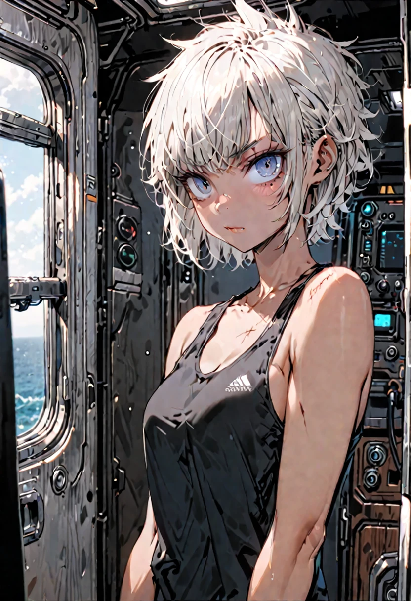 solo, female, sfw, medium shot, tall, blue eyes, short hair, spiky hair, platinum blonde hair, tanned skin, fit, black tank top, curious, pilot cabin, nose scar, leaning