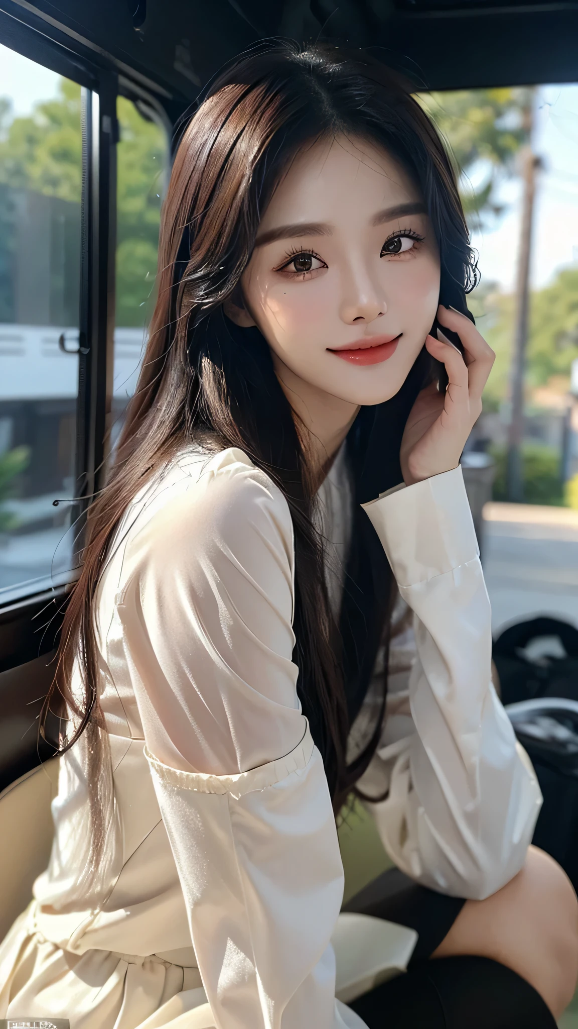masterpiece、top-quality)、1 beautiful girl、((Wearing black sunglasses )), (Detailed beautiful eyes), ((Detailed skin)) , ((Detailed medium hair)), in the white villa、((Boyish Brown Medium Hair))、((Smaller face))、((Neutral face))、((Face seen from the side))、((Light brown eyes))、((Korean Girl))、((18year old))、((cool lady))、((A shy smile on his face))、((Korean Makeup))、((elongated and sharp eyes))、((Happy dating))、((boyish))、((Shot from the same height as your face)、on the white villa ), ((CG rendering)), ((Blurred background)), ((16K)), ((Very detailed)), ((wallpaper)), ((depth of field)), ((movie light)), (( Ray tracing)).