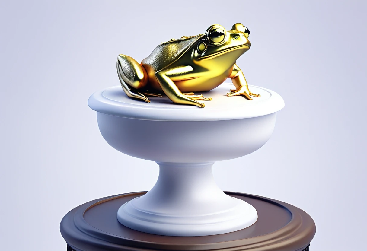 A golden trophy (a steam punk battle toad atop an urn in a victory pose) sitting on a plain white pedestal
