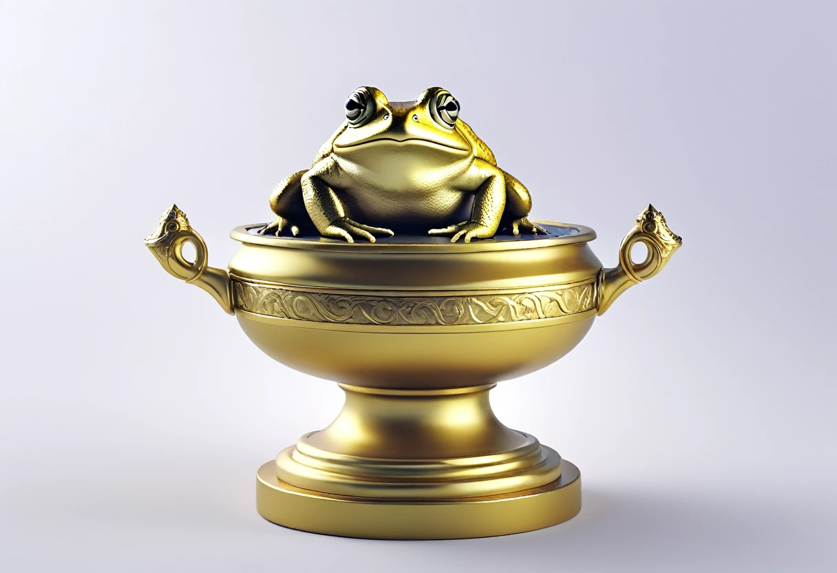 A golden trophy (a steam punk battle toad atop an urn in a victory pose) sitting on a plain white pedestal
