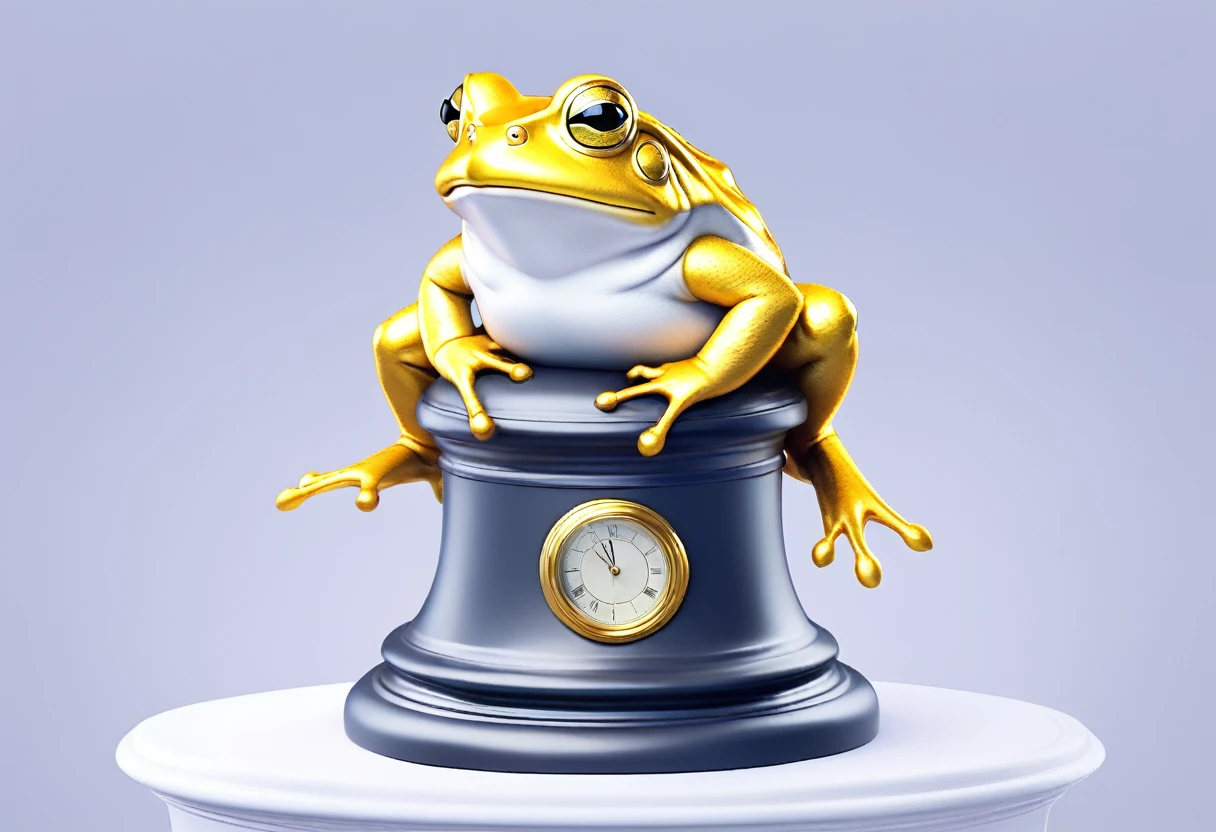 A golden trophy (a steam punk battle toad atop an urn in a victory pose) sitting on a plain white pedestal
