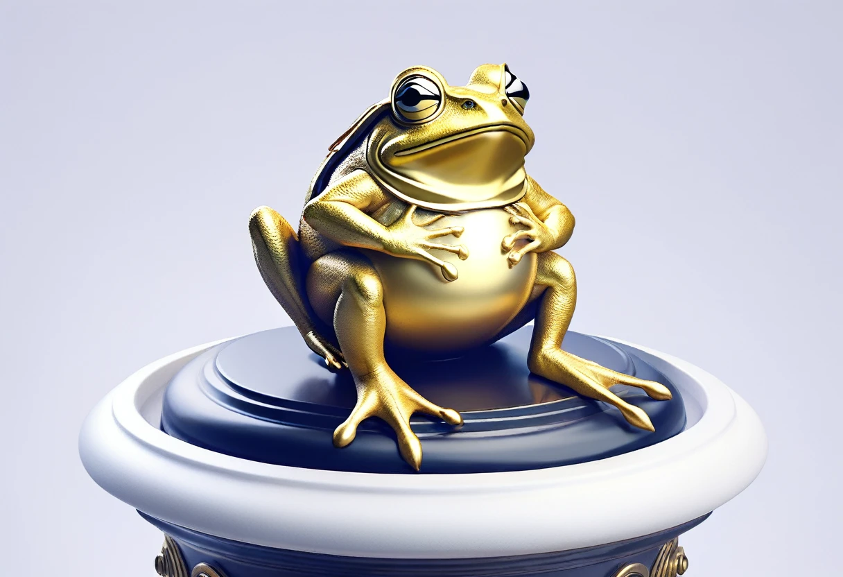 A golden trophy (a steam punk battle toad atop an urn in a victory pose) sitting on a plain white pedestal
