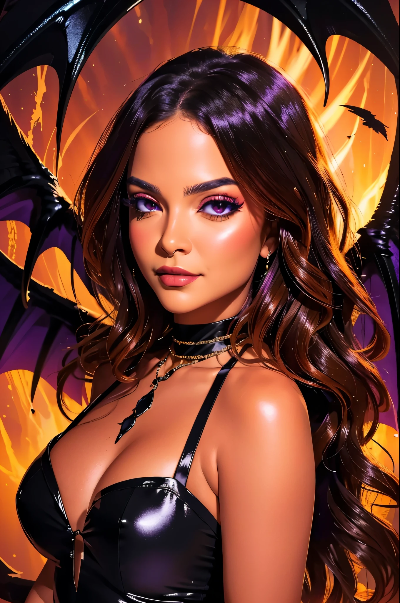 (masterpiece), (unrivalled quality:1.4), ultra-high resolution, [:velvet textures:0.2], hyperrealistic, dark fantasy portrait, m31m414 woman, adult (succubus:0.7) with a sly smirk, hypnotic ruby red eyes, raven-black hair cascading in waves, solo, detailed face, (cavernous underworld theme:1.1) (demonic wings:1.05), personified forbidden temptation, allure, power, darkness, succubus mythology symbolism, firelight, glow, rich purples and reds, symmetry, obsidian, foreboding cavern background, otherworldly infernal atmosphere