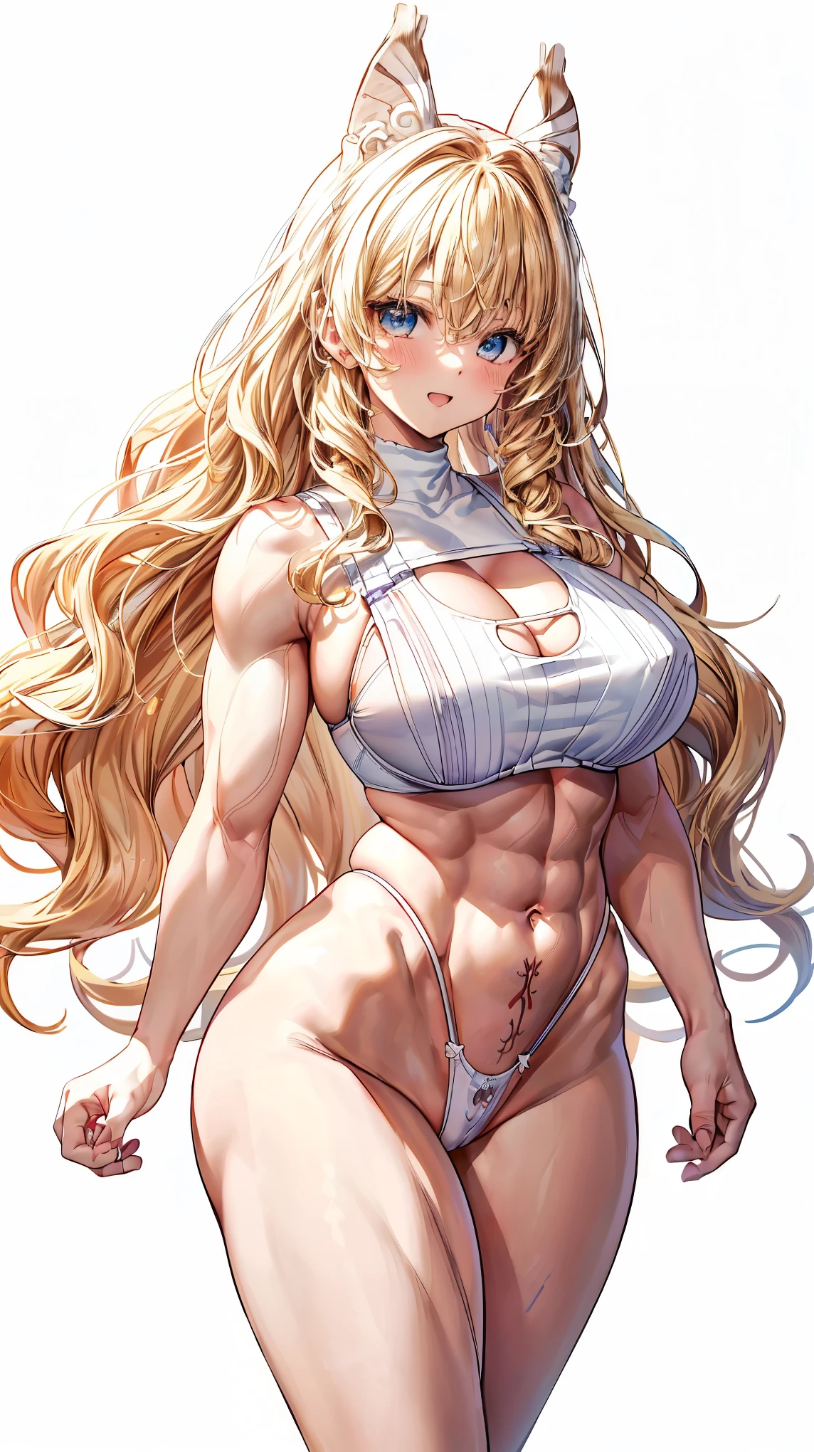 Very detailed、highest quality、Best image quality、masterpiece、8k、Anime Face、A kind smile、(Open your mouth:1.3)、Sparkling blue eyes、(Blonde Wavy Hair:1.5)、(Muscles of the whole body:1.3)、(highleg:2.0)、(Wearing a thong:1.5)、Thigh belt、(Cowboy Shot:1.5)、(SFW Giant)、(Thick body:1.2)、(bra:1.5)、(sxspnts)、(White background:1.5)